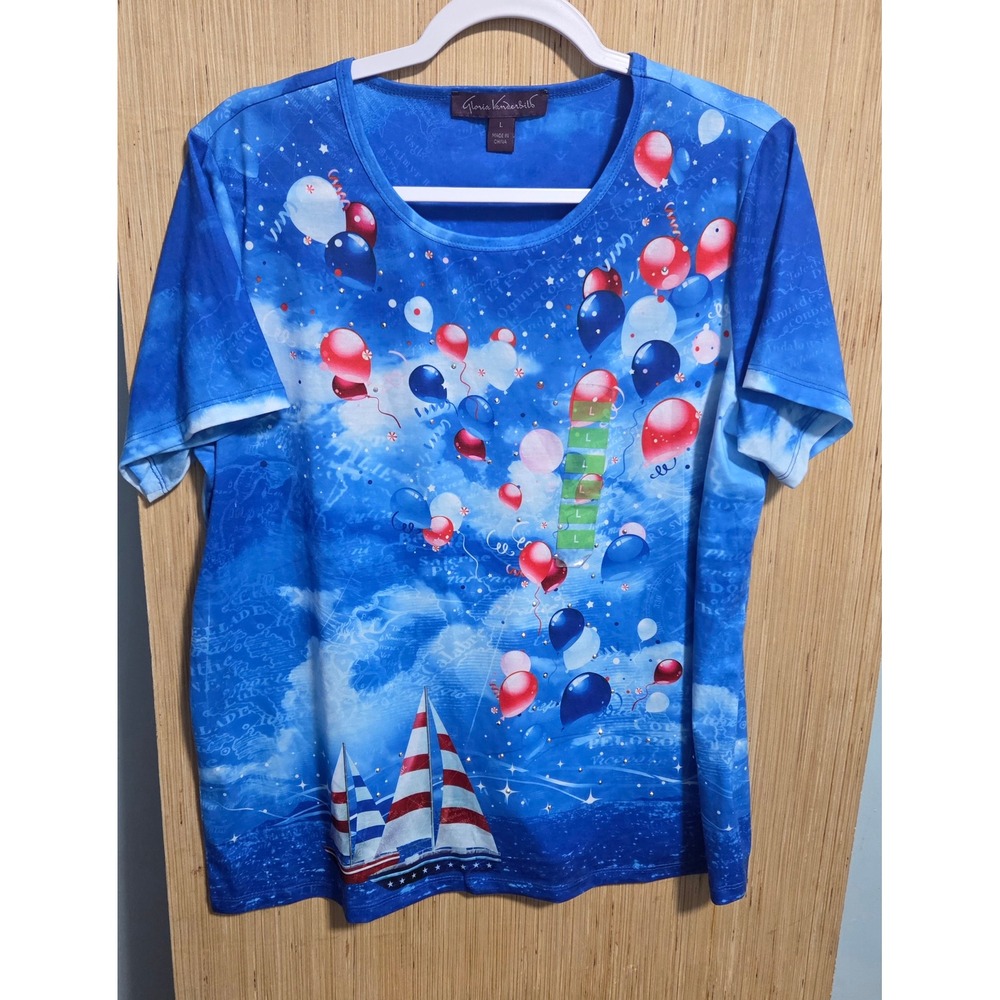 Gloria Vanderbilt Womens Blue Nautical Sailboat Balloon Rhinestone Top Large